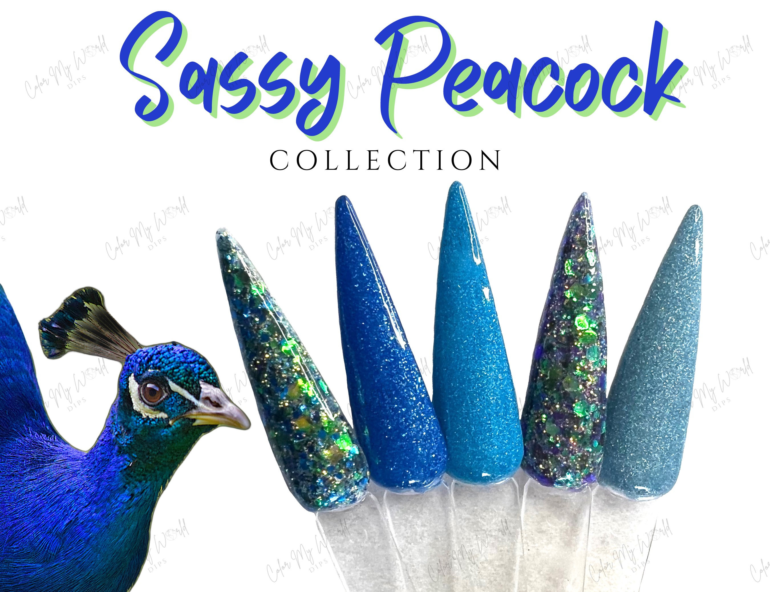 SASSY PEACOCK COLLECTION- blue dip powder collection, peacock dip powder, nail dip, nail dip powder, dip powder nails, nail dip, dip powder