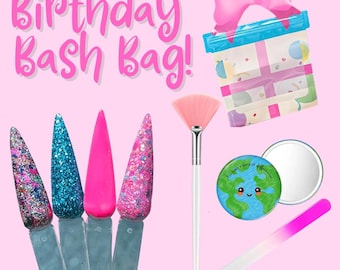 BIRTHDAY BASH BAG- gift set, 4 dips, glass nail file, fan brush, mirror, dip powder, nails, diy nails, nail supplies