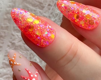 BIKINIS & BELLINIS - coral, hot pink,  glitter dip powder, nail dip, summer,  diy nails
