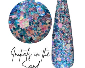 INITIALS in thebSAND- blue & peach glitter dip powder,  nail dip, dip powder, nail dip powder, dip powder nails, nail dips, diy nails
