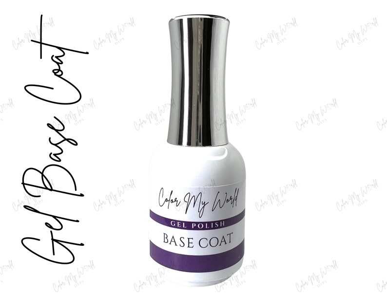 May include: A clear glass bottle with a silver cap containing a gel base coat for nails. The bottle label reads "Color My World Gel Polish Base Coat".