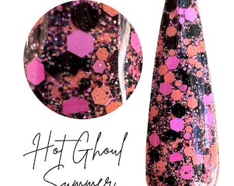 HOT GHOUL SUMMER- seasonal, halloween, glitter dip powder, nail dip, dip powder, pink, orange and black, diy nails