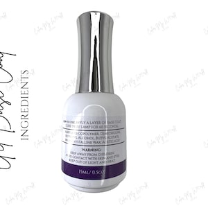 May include: A clear glass bottle with a silver cap, labeled "Gel Base Coat" and containing 15 ml (0.5 oz) of nail polish. The bottle has instructions for use and a warning label.