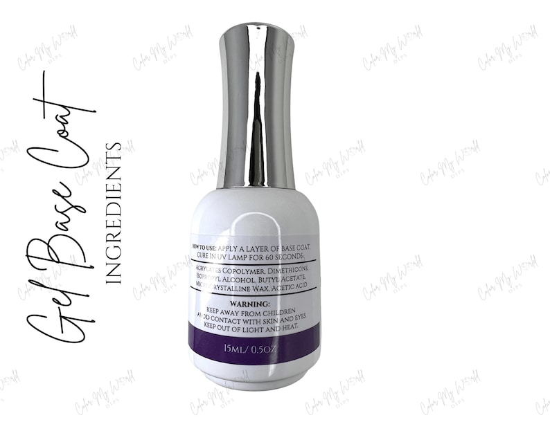 May include: A clear glass bottle with a silver cap, labeled "Gel Base Coat" and containing 15 ml (0.5 oz) of nail polish. The bottle has instructions for use and a warning label.