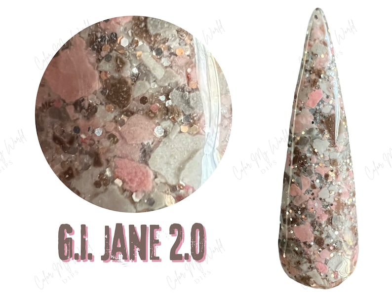 May include: A close-up of a clear nail polish bottle with a pink, brown, and silver glitter polish. The polish is called "G.I. JANE 2.0".