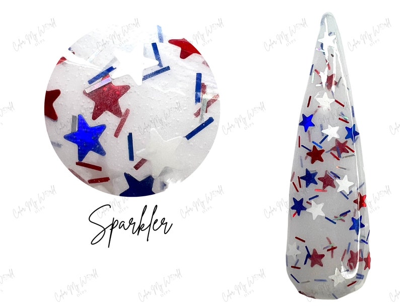 May include: Clear nail polish with red, white, and blue star and stripe glitter. The word "Sparkler" is written in cursive below a close-up of the glitter. The glitter is in a clear, pointed nail shape.