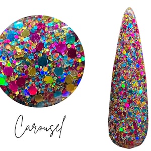 May include: A close-up of a round jar filled with colorful glitter. The glitter is a mix of gold, silver, pink, blue, green, and purple. The jar is labeled "Carousel".