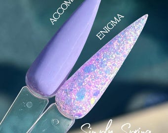DUO SIMPLY SPRING #1- Accomplice (solid), Enigma, dip powder, diy nails, spring, neon pastel, glitter