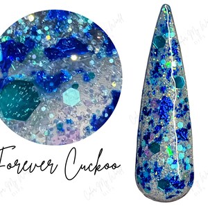 FOREVER CUCKOO- foil dip powder, blue chunky nail dip, dip powder, nail dip powder, dip powder nails, nail dips,