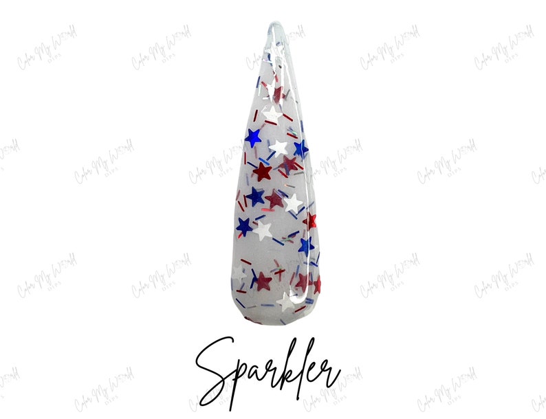 May include: A clear nail tip filled with red, white, and blue star-shaped glitter and small lines. The word "Sparkler" is written in a cursive font at the bottom of the image.