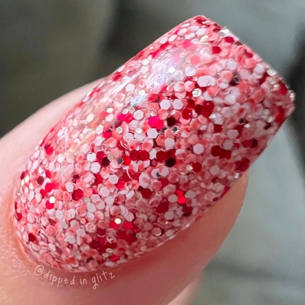 CANDY CANE CRUSH- red and white glitter, dip powder, Christmas glitter dip powder, nail dip, dip nails, nail dips, candy cane nails