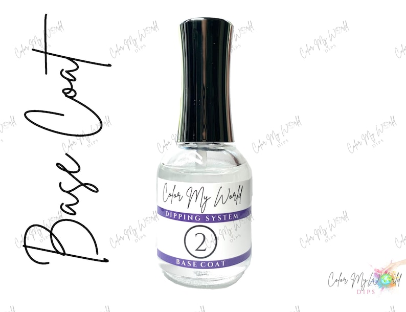 K&ouml;nnte beinhalten: Eine durchsichtige Flasche mit Color My World Dipping System Base Coat. Die Flasche ist mit der Nummer 2 und den Worten "Color My World Dipping System" und "Base Coat" beschriftet.