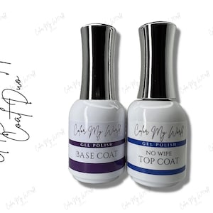 May include: Two clear bottles of nail polish with silver caps. The bottle on the left is labeled "Color My World Gel Polish Base Coat". The bottle on the right is labeled "Color My World Gel Polish No Wipe Top Coat".