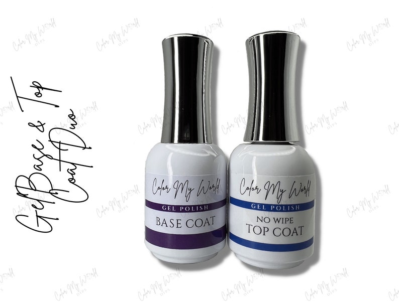 May include: Two clear bottles of nail polish with silver caps. The bottle on the left is labeled "Color My World Gel Polish Base Coat". The bottle on the right is labeled "Color My World Gel Polish No Wipe Top Coat".
