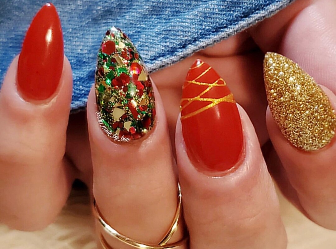 SLEIGH THE DAY Red, Gold Green Glitter, Dip Powder, Christmas Glitter
