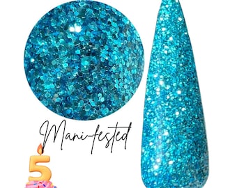 MANI-FESTED -teal, glitter, dip powder, diy nails