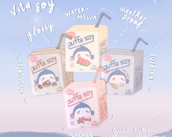 Cute Vita Soy-Inspired w Penguin Stickers | [Weatherproof, Glossy] [Asian Food, Drink, Pastel] [For Laptop, Phone, Water bottle, Skateboard]