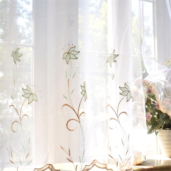Fresh White Embroidered Curtains Translucent Curtains Rod Etsy