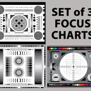 Set von 3 Fokus Charts für Fotografie Objektiv Test, Digitaler Download, Digitaldruck, Fotografie, Objektive, Sony, Canon, Iconic, Camera Video