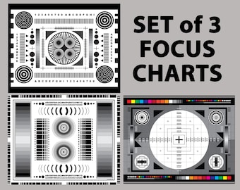 Set of 3 Focus Charts for Photography Lens Test,  Digital Download, Digital Print, Photography, Lenses, Sony, Canon, Nikon, Camera Video