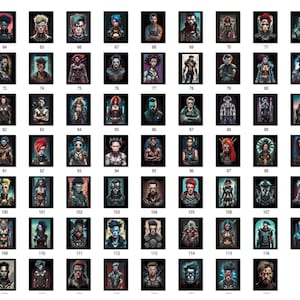 May include: A digital art collage of 117 different portraits of people with various hairstyles, clothing, and accessories. The portraits are in a grid format and are all in a similar style.