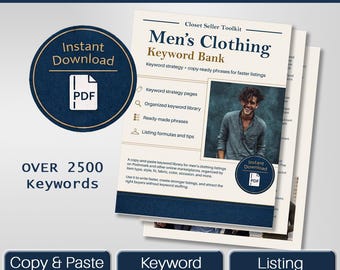 Modelo Poshmark para Roupas Masculinas: Banco de Palavras-chave em PDF, Copiar e Colar, Frases para Anúncios, Tecido, Cor, Guia de Estilo, Download Digital, modelo