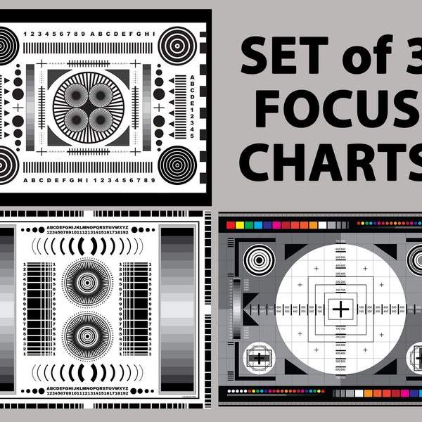 Set of 3 Focus Charts for Photography Lens Test,  Digital Download, Digital Print, Photography, Lenses, Sony, Canon, Nikon, Camera Video