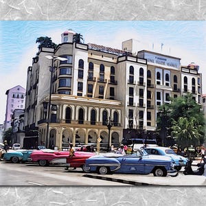 May include: An artistic depiction of a city street with vintage cars parked in front of a grand building. The building has multiple storeys with arched windows and balconies. The cars are in various colours, including blue and red.