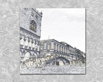 May include: A black and white sketch of a building with arches and a bridge in front of it. There are people walking on the bridge and in front of the building.