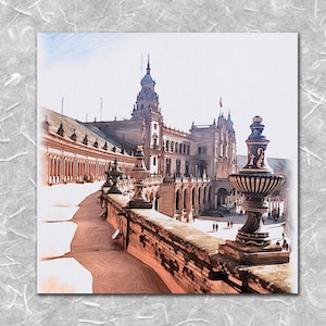 May include: An artistic depiction of a European building with a tall tower and intricate features. The image shows a long walkway with decorative elements and a view of the building's facade. The colour scheme includes shades of brown, beige, and blue.