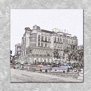 May include: A black and white sketch of a vintage car parked in front of a large building. The building has a sign that reads "Hotel Nacional de Cuba".