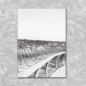 May include: A black and white sketch of a city skyline with a bridge in the foreground. The bridge is made of metal and has a curved design. The city skyline is in the background and is made up of buildings.