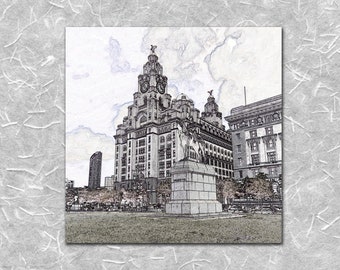 May include: A black and white pencil sketch of a large building with a clock tower and a statue in front of it. The building has many windows and a pointed roof. The statue is on a pedestal and has a figure standing on top of it.