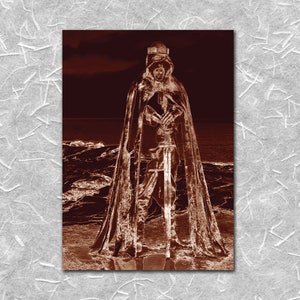 May include: A sepia-toned image of a figure in a hooded cloak and armor, holding a sword. The figure stands on a rocky shore with waves crashing in the background.