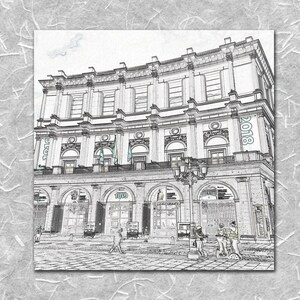 May include: A black and white sketch of a large building with arched doorways and windows. The building has a sign that says "1818" on the right side and "1818" on the left side. The building is on a street with people walking in front of it.