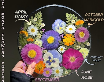 誕生月のお花の家族ポートレート、誕生花ギフト、押し花アート、押し花フレーム