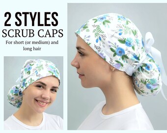 Scrub caps for women ponytail, Scrub cap, Ponytail scrub cap, Blue flower surgical caps, Cute scrub caps for women, Ponytail scrub hats