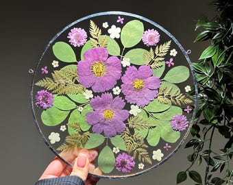 Stained Glass Pressed Flower Art, Botanical Wall Hanging, Suncatcher