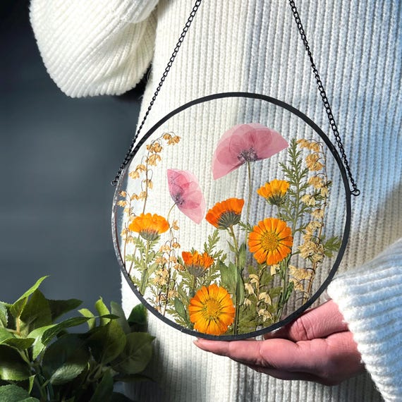 Pressed flower art, Suncatcher, Pressed flower frame, Dried flower wall art, Herbarium, Dried flower art