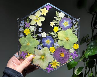 Stained Glass Pressed Flower Art, Botanical Wall Hanging, Suncatcher