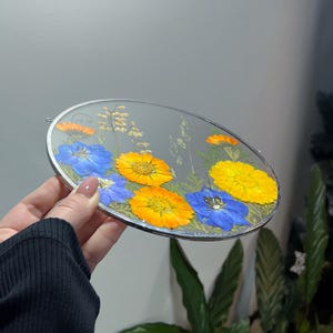 May include: A circular glass wall hanging framed in silver metal, featuring pressed dried flowers in vibrant shades of blue, bright yellow, and orange, arranged with green foliage between two clear panes of glass for a botanical display.