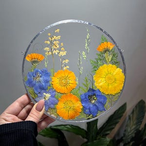 May include: A circular glass wall hanging featuring pressed dried flowers in vibrant shades of yellow, orange, and blue, arranged with green foliage. The arrangement is encased within a thin, silver-toned metal frame with small loops on the sides.