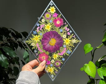 Pressed flower art, Stained glass, Pressed flower frame, Unique gift for mom, Botanical wall art, Window hanging, Wildflower bouquet