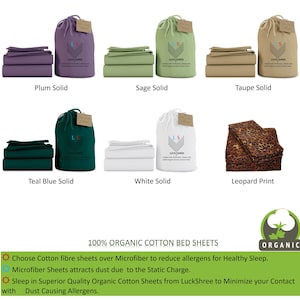 May include: Six different sets of organic cotton bed sheets in various colors and patterns, including plum, sage, taupe, teal blue, white, and leopard print. The sheets are made with 100% organic cotton and are designed to be hypoallergenic and comfortable. The image also includes the text "100% ORGANIC COTTON BED SHEETS" and a logo with the word "ORGANIC".