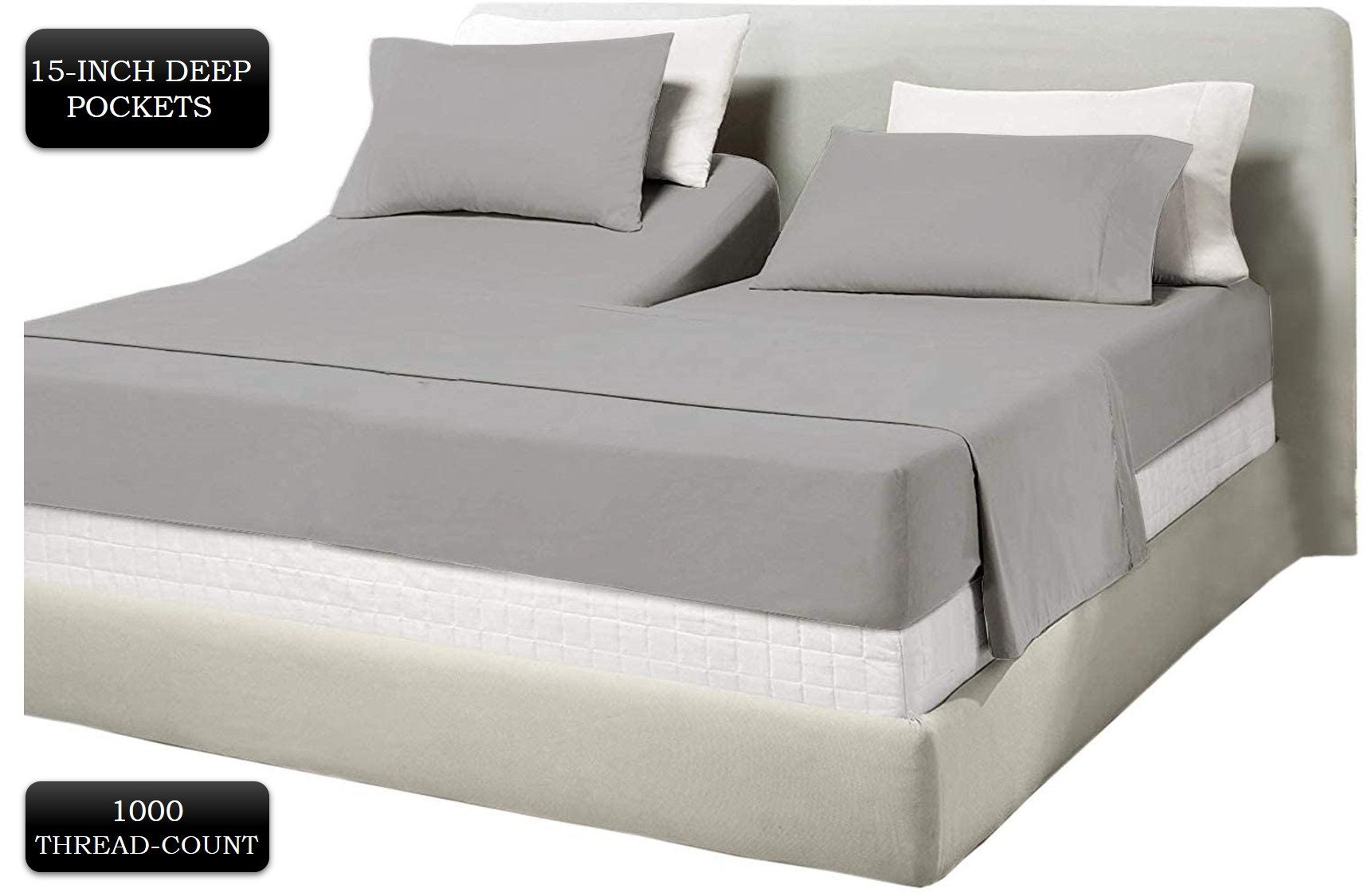 Split Head Bedsheet for Adjustable Bed 1000-thread Count 100% Egyptian  Cotton 4-PC Flex-head Bedsheet Soft Breathable 15 Deep Pockets 