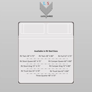 May include: A diagram showing different RV bed sizes, including RV Twin, RV Full, RV Short Queen, RV Camper Queen, RV Short King, RV Camper King, RV Truck Size, and Three Quarter. The sizes are listed in inches.