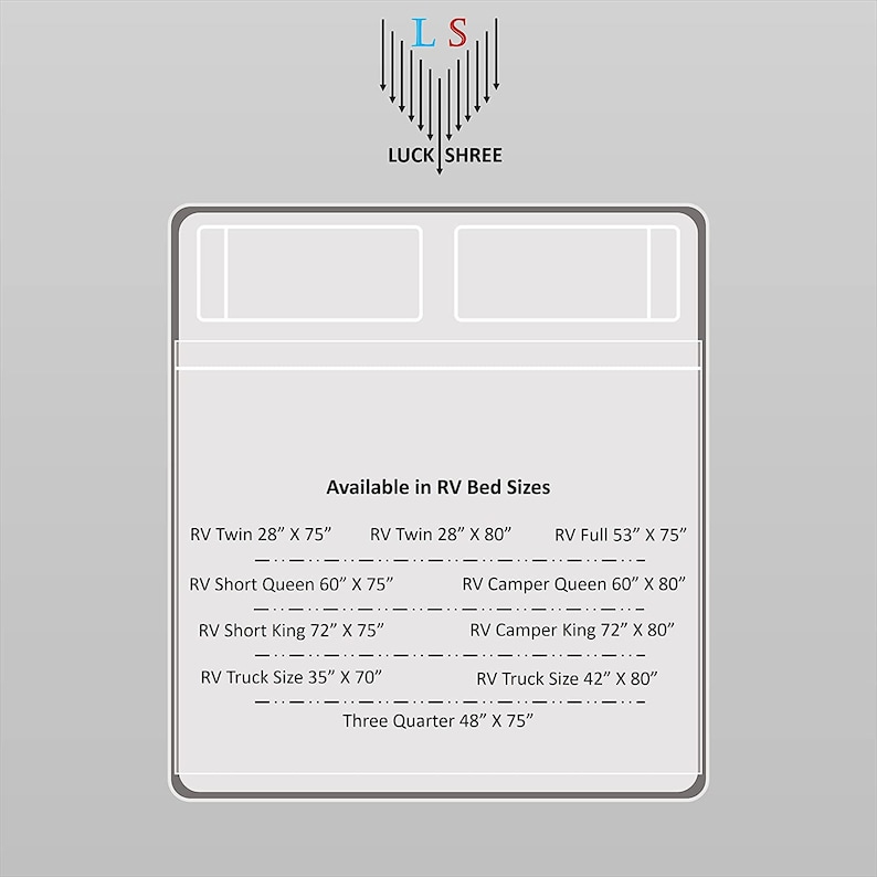 May include: A diagram showing different RV bed sizes, including RV Twin, RV Full, RV Short Queen, RV Camper Queen, RV Short King, RV Camper King, RV Truck Size, and Three Quarter. The sizes are listed in inches.