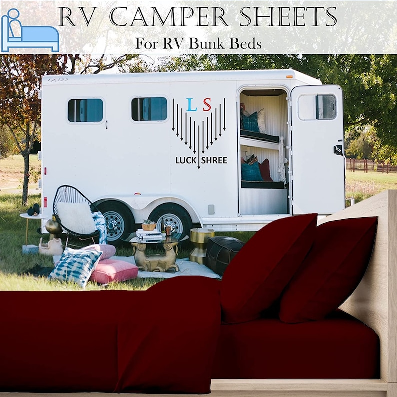 May include: Burgundy RV camper sheets for bunk beds. The sheets are shown on a bed in front of a white camper with the words "LUCK SHREE" on the side.