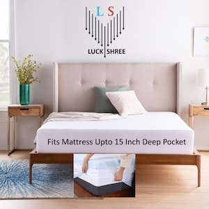 May include: A white mattress with a wooden frame sits on a patterned rug. The mattress is labeled "Fits Mattress Upto 15 Inch Deep Pocket". A close-up image shows the mattress being fitted around a mattress with a deep pocket.