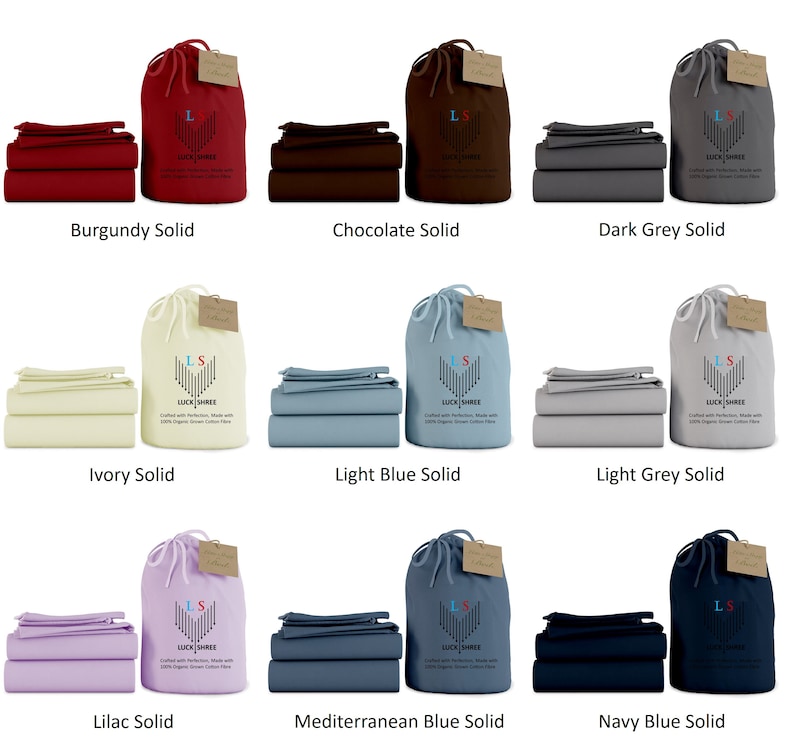May include: Nine different colors of solid bed sheet sets, each set includes a flat sheet, fitted sheet, and pillowcases. The sets are arranged in three rows of three, with the colors burgundy, chocolate, dark grey, ivory, light blue, light grey, lilac, mediterranean blue, and navy blue.